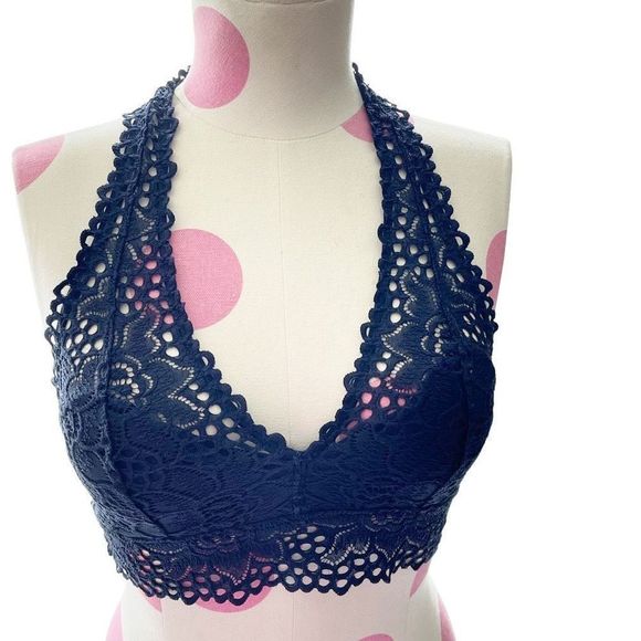 American Eagle Outfitters Aerie Boho Lace Halter Bralette Size Small - Navy - Picture 1 of 5